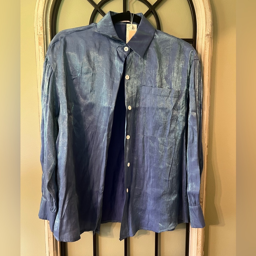 Women’s satin Blue Button-Up Shirt